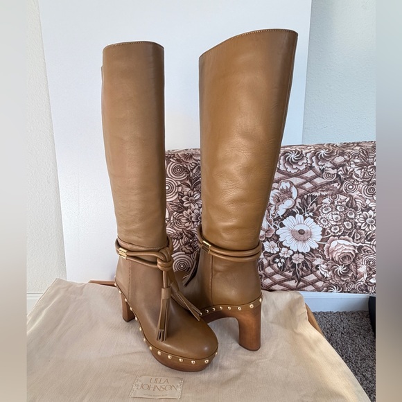 Ulla Johnson Elin Tassel Boots Leather Gold Fringe Wood Heels Sz 35 Quiet Luxury - Picture 6 of 16